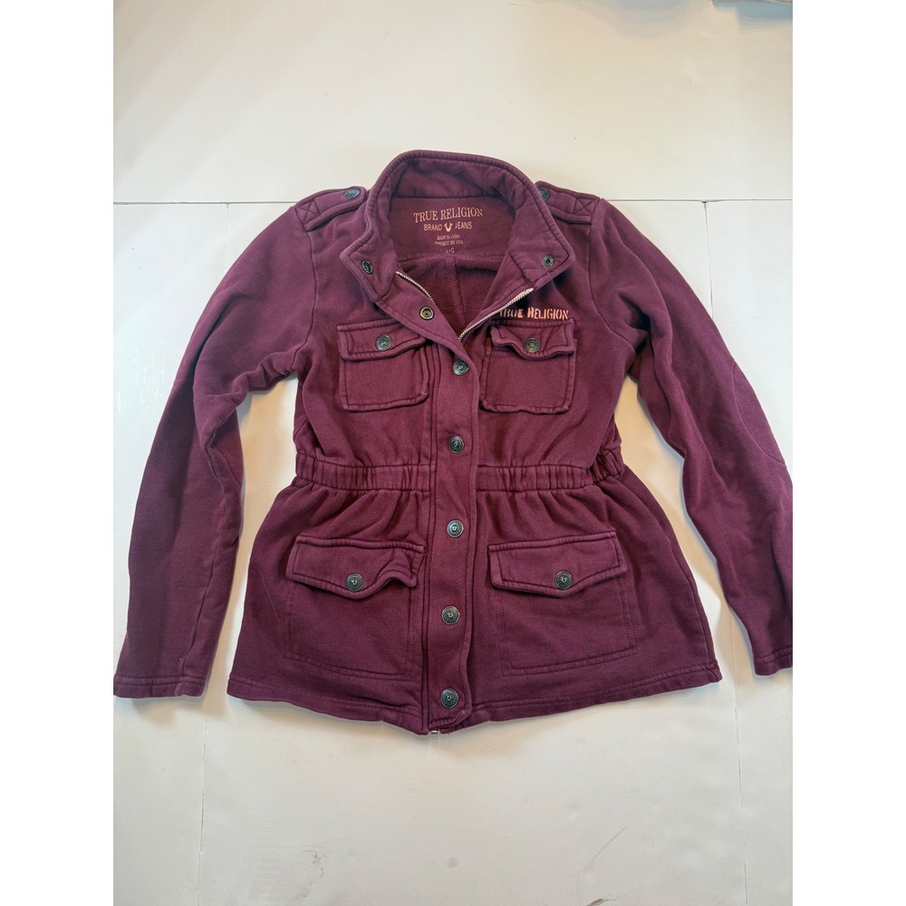 True Religion Girls Military‎ Fleece Jacket Burgundy Button Up GZNA103EV2 L/G